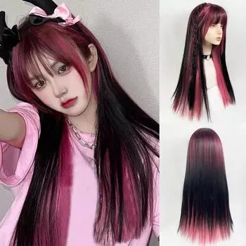 Синтетический длинный прямой парик Harajuku розово-коричневого цвета с челкой, термостойкие парики Kawaii Lolita для женщин, парик для косплея