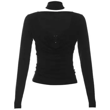 # Sisjuly# Niche Design Locking Buckle Silm Inner Suspender Sweet Cool Style Low Collar Easiest for Match Long Sleeves T-shirt for Women Black S