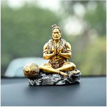 Sitting Hanuman Ji Murti for Car Dashboard, Religious Idol Statue in Gold and Silver, Resin Material, 12 x 8 x 10 cm for Pooja, Gift, Decor