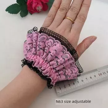 Size Adjustable Lace Gloves plus Long Vacation Cuff Decorative Bracelet Arm Sleeve Arm Sleeve Covering Scar Oversleeve N63 powder Black a pair of size adjustable