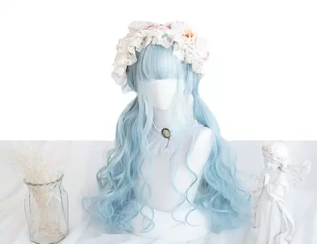 Sizuuenn Lolita Ladies Полный парик Кудрявые длинные волосы Двойной хвостик Глубокая челка Светло-голубой парик с маленьким лицом Модный термостойкий парик Высокий