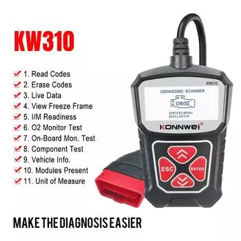 Сканер KONNWEI KW310 OBD2, проверка кода двигателя, считывание кодов неисправностей с помощью многоязычного русского диагностического инструмента для автомобилей чёрный