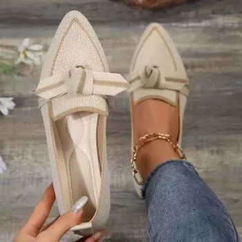 Skinny pointed large size flat-bottomed fly-woven single shoes women s 24 fashion one-pedal bow casual breathable color matching single shoes 36 слоновая кость
