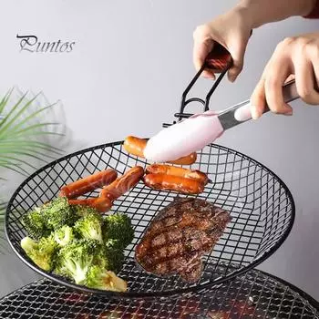 Складная корзина для выпечки с деревянной ручкой, нержавеющая, термостойкая, многоразовая, корзина для гриля для барбекю, аксессуары для гриля для кемпинга и приготовления пищи чёрный