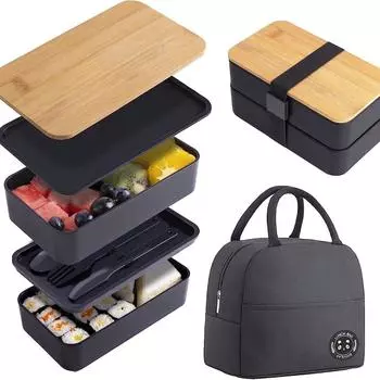 Складной ланч-бокс Bento с термосумкой, вместительный, разделенный на отсеки, пригодный для использования в микроволновой печи, для офисных работников и студентов 1200ml чёрный