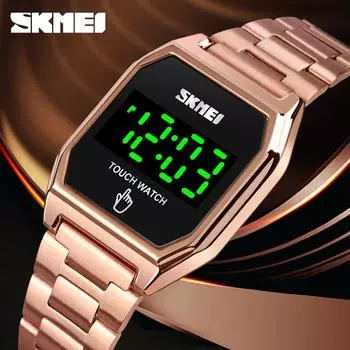 skmei классические модные квадратные светодиодные часы с дисплеем из розового золота и стального ремня, сенсорные водонепроницаемые электронные часы производитель чёрный