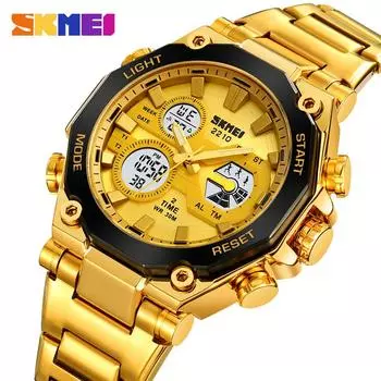 SKMEI Нержавеющая сталь Спортивные Модные Часы Мужские 2 Time Chrono Повседневные 3Bar Водонепроницаемые Цифровые Наручные Часы Мужской Будильник Reloj Hombre чёрный