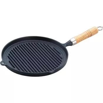 Сковорода-гриль Iwachu с деревянной черной ручкой внутри IH Nanbu Ironware 23029, запеченная, 24,5 см, совместимая, чёрный