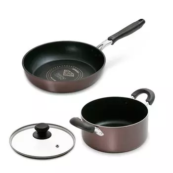 Сковорода Iris Ohyama 3 IH Gas Glass Diamond Two Handled Pot Living 2 People Brown Pan, Pot, Set, Pieces, Compatible, Fire, Lid, Cover, Cover, Cover, Covered, коричневый