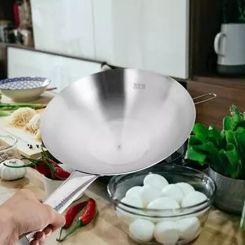 Сковорода Wok из нержавеющей стали, антипригарное покрытие для газовой плиты, электрическая индукционная, прочная китайская сковорода Wok 30 см 48.00X30.00X7.50CM серебряный