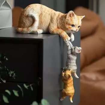 Скульптура из смолы кошки, фигурка кошки-мамы и котят, украшение на край стола, статуэтка кошки для дома, спальни, детской комнаты, декор жёлтый