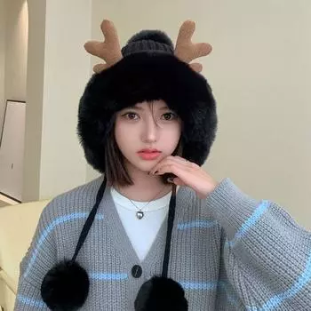 Skull Cap Knit Beanie Beanie Hat Winter Plush Hat Leisure Antlers Hat Outdoor чёрный