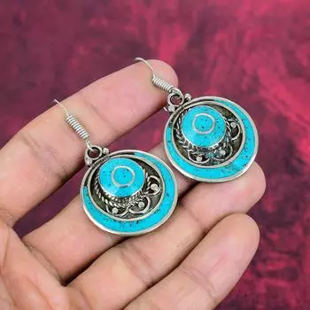 Sleeping Turquoise 925 Solid Sterling Silver Earrings, Handmade Gemstone Nepali Earrings Jewelry, Gifts For Wife Brand New Earrings 1.96 Inches синий