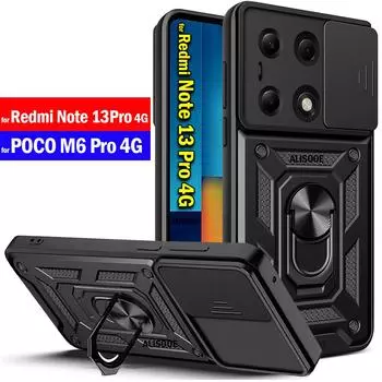 Slide Camera Armor Funda для Redmi Note 13 Pro 4G POCO M6 Pro Чехол-кольцо-подставка Защитный чехол для телефона Redmi Note 13 Pro 4G Capa Redmi Note 13 Pro 4G чёрный