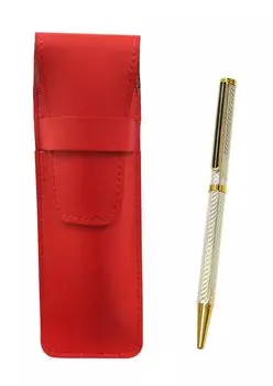 slim cowhide leather pencil case in red with a brass hexagon rotating gold ballpoint pen set in silver Two-pack (T23-ASR-6KSBP-S-2)