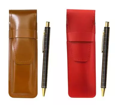 Slim cowhide pencil case red brown set NQ30K thick shaft metal straight knock double anodized lattice ballpoint pen black ASCR-NQ30KB-B