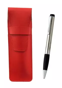 Slim cowhide pencil case red metallic rubber rotating ballpoint pen set T23-ASR-LUT102SB