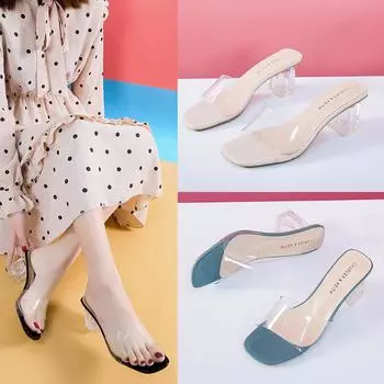 Slippers high heels crystal heel thick heel middle heel with transparent and breathable European and American style fashion sandals women s shoes 35 жёлтый