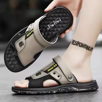 Slippers men s 2024 new summer outer wear driver driving non-slip dual-purpose sandals men s thick-soled beach leather sandals 38 бежевый