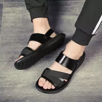Slippers men s 2025 new summer one-word beach shoes soft-soled casual massage non-slip leather sandals men s shoes 38