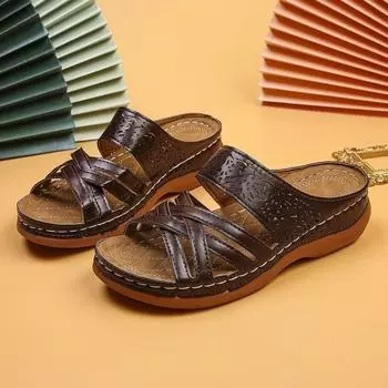 Slippers women s 2025 summer flower slippers European and American large size slope heel thick bottom cross one-character sandals women s beach women 35 чёрный