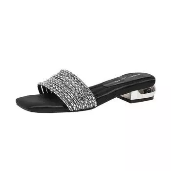 Slippers women s summer outer wear~ summer new fashion rhinestone thick heel cool slippers tide 35