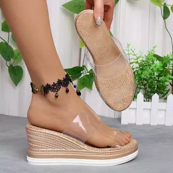 Slope heel cool slippers new fashionable round head thick sole transparent one-word slippers wear high-heeled open-toed sandals women s shoes 36 прозрачный