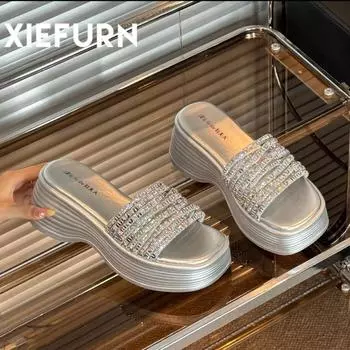 Slope heel rhinestone thick-soled one-word slippers summer new outer wear with skirt open-toed cool slippers 35