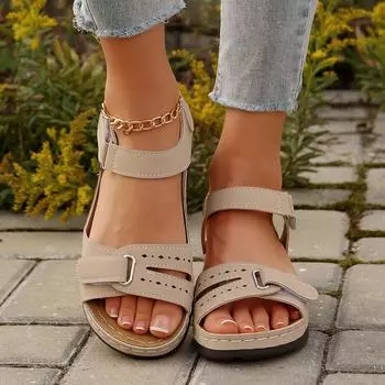 Slope heel women s sandals wish new Velcro 43 large size foreign trade women s shoes 2025 European and American open-toed beach shoes 36 чёрный