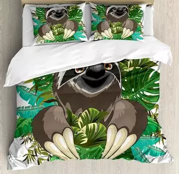 Sloth Bedding Set For Bedroom Bed Home Cartoon Mammal on Tropical Jungle with Green Banana Duvet Cover Quilt Cover Pillowcase EU single(135x200cm)