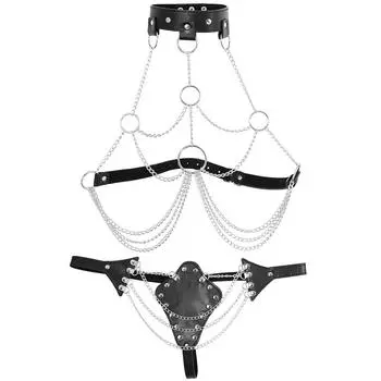 SM Lingerie: Черный кожаный боди с серебряной цепочкой для женщин