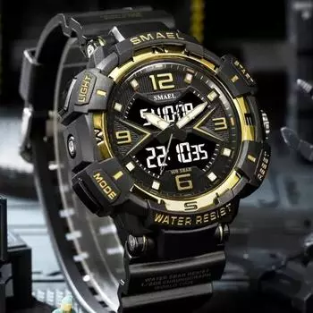 SMAEL 8076 Shock Mens Watch Auto Date Multi-function Luminous Waterproof 5 Bar Sport LED Light Alarm Clock Dual Time Display армия зеленый