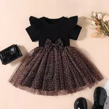 Small And Medium-sized Girls Short-sleeved Pullover Dress With Mesh Bowknot 130