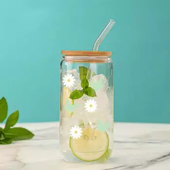 Small Daisy Flowers Clear Drinking Glass Can With Bamboo Lid Straw Juice Coffee Milk Cup For Hot/Cold Drinks Drinkware For Gifts 500ml