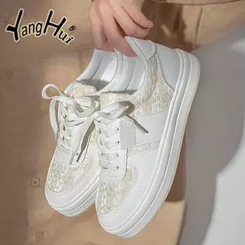 Small Fragrant Style All-match Casual Canvas Breathable Women s Shoes 2024 Fashion Thick Bottom Splicing Sneakers Spring Summer 35 покинуть белый
