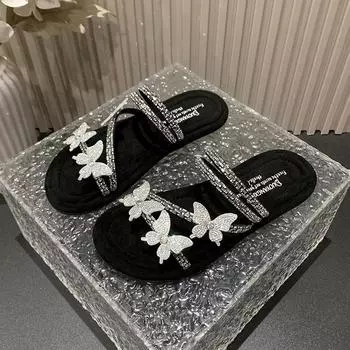 Small Fragrant Style Butterfly Cool Slippers for Women s Summer 2024 New Exquisite Water Diamond with Skirt Flat Bottom Slippers 35 жёлтый