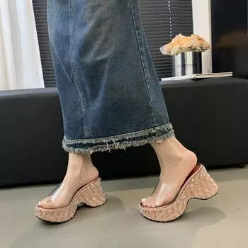 Small man heightening super high heels rhinestone flash sequins women s summer slope heel transparent muffin bottom thick bottom cool slippers 34 серебряный