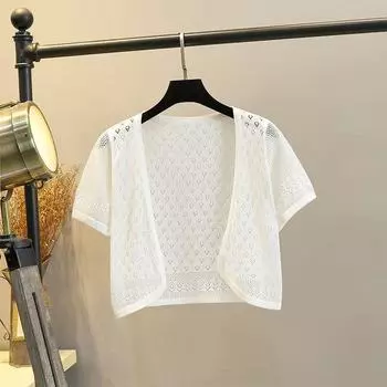 Small Shawl V-neck Outerwear Ice Silk Sun Protection Cardigan Short Sleeve White-Diamond Cut Out M