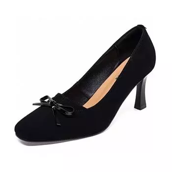 Small square head high heels women s spring simple temperament black stiletto fashion shoes bow light mouth women s single shoes 34