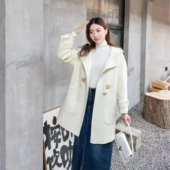 Small Version Hooded Horn Buckle Double-sided Wool Coat Medium and Long. S