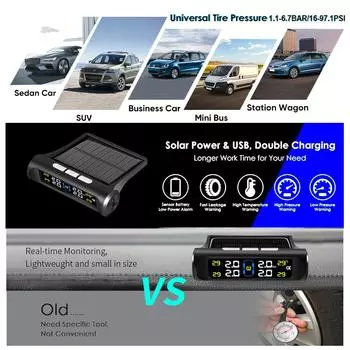 Smart Car TPMS Tire Pressure Alarm Monitor System with 4 Sensors Display Solar Power Tyre Pressure Temperature Warning System Type A