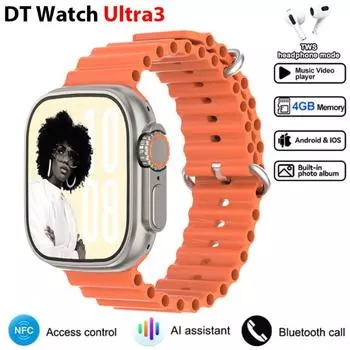 Смарт-часы DT Ultra 3 Экран Amoled 4 ГБ MP3 MP4 плеер Bluetooth Обмен сетью Магазин приложений ChatGPT Умные часы с искусственным интеллектом Мужские спортивные часы Silicone tape оранжевый