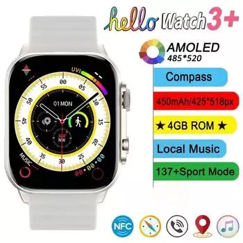 Смарт-часы Hello Watch 3 Plus, 4 ГБ, AMOLED, 4 ГБ ПЗУ ChatGPT, NFC, локальная музыка, умные часы для мужчин, часы с искусственным интеллектом, компас для лица чёрный