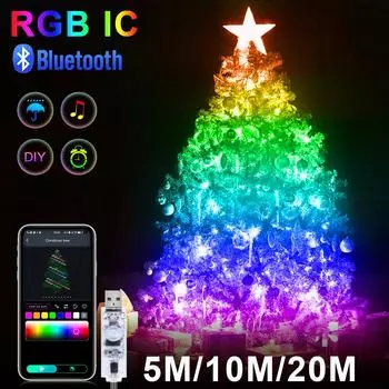 Smart USB LED Christmas Night Light 5V Addressable WS2812 RGBIC Idea BT APP Control Fairy String Light Room Curtain Garden Decor USB Plug