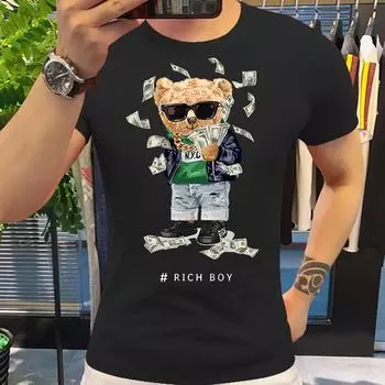 Смешные футболки с изображением медведя-скейтбордиста Harajuku Streetwear Футболки для мужчин Модные футболки с коротким рукавом Believe RICH BOY Футболки Одежда S