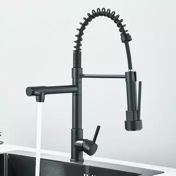 Смеситель для кухонной мойки Rozin Black Spring Pull Down, двухходовой, для монтажа на бортике, с горячей и холодной водой, кран, одна ручка, нержавеющая сталь 304
