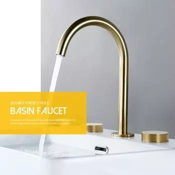 Смеситель для раковины с 3 отверстиями, матовый золотой, для горячей и холодной воды, широкий кран, рифленый дизайн, двойной переключатель, смеситель для ванной комнаты, устанавливаемый на бортике