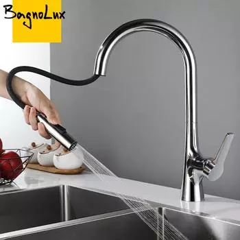 Смесители для мойки с горячей и холодной водой Bagnolux Brass Chrome Black Brushed Gold Spray Rotation Deck Mounted Out Out Spout Kitchen