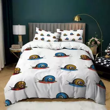 Snails Duvet Cover Set,cartoon Animals 3 Piece Bedding Set,Queen/King/Full/Twin Size White Comforter Cover for Boys Girls Teens 135x200cm 2pcs