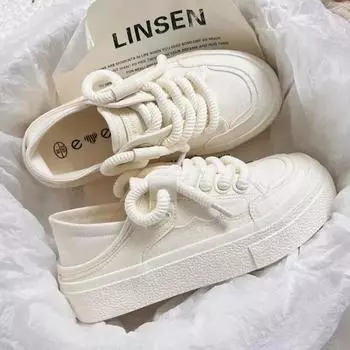 Sneaker All-match Round Toe Flat Casual Outdoor Running Zapatillas 2024 New Lace-up Vulcanized Shoes Autumn Women s White Canvas 35 белый